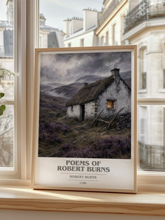 Poems Of Robert Burns book cover print in frame leaning in hallway – poetry wall art