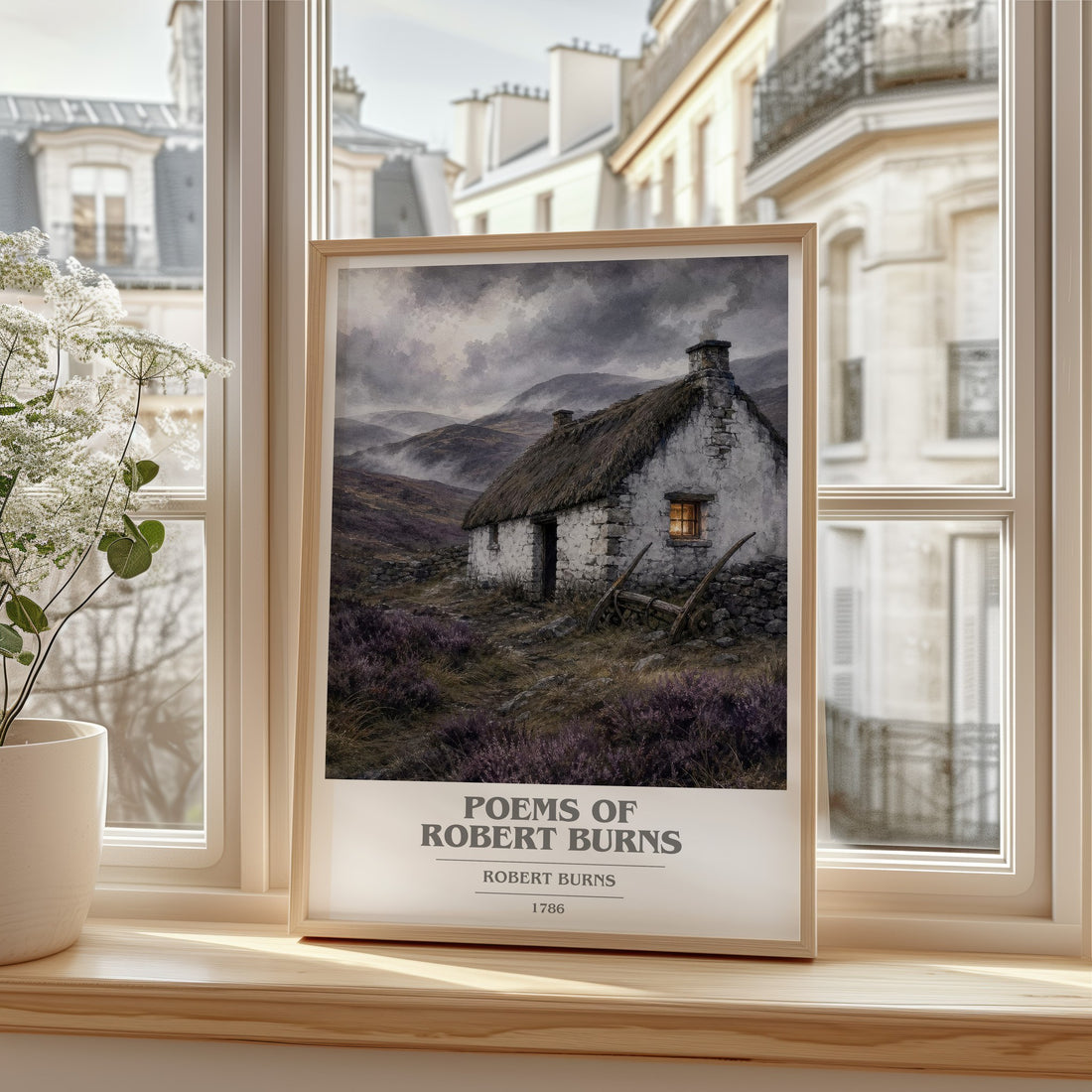 Poems Of Robert Burns book cover print in frame leaning in hallway – poetry wall art
