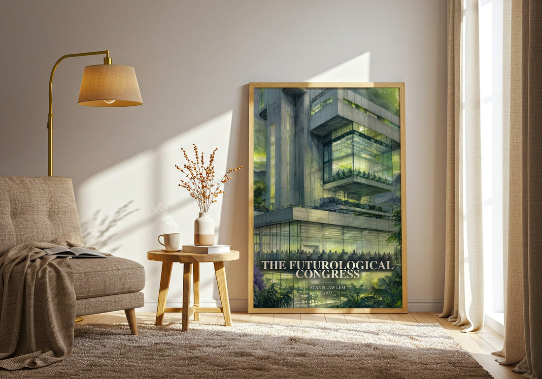 The Futurological Congress watercolour print in frame leaning in hallway – sci fi wall art