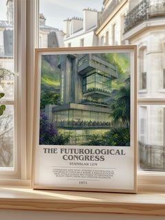 The Futurological Congress bookish print in frame leaning in hallway – sci fi wall art