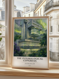 The Futurological Congress book cover print in frame leaning in hallway – sci fi wall art