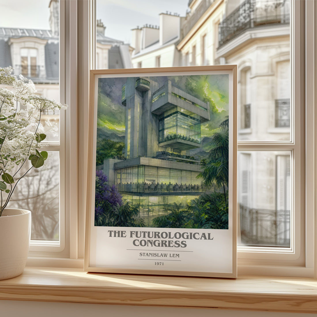 The Futurological Congress book cover print in frame leaning in hallway – sci fi wall art