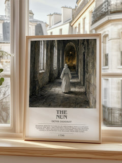 The Nun bookish print in frame leaning in hallway – philosophy wall art