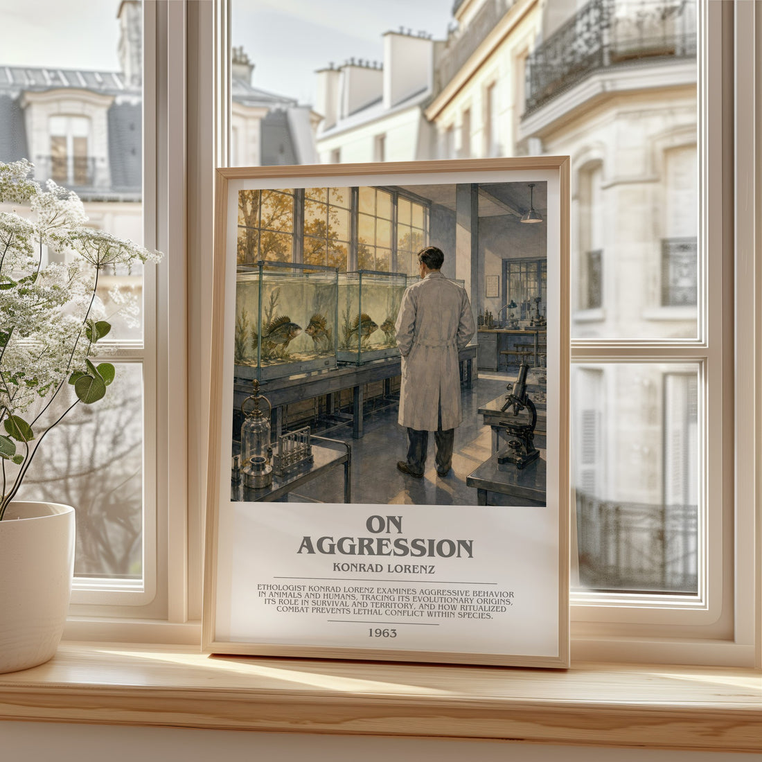 On Aggression bookish print in frame leaning in hallway – non fiction wall art