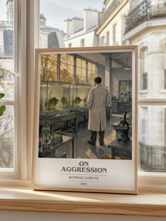 On Aggression book cover print in frame leaning in hallway – non fiction wall art