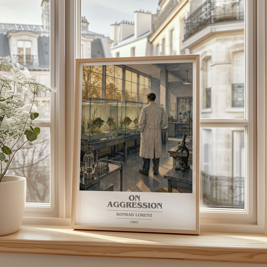 On Aggression book cover print in frame leaning in hallway – non fiction wall art