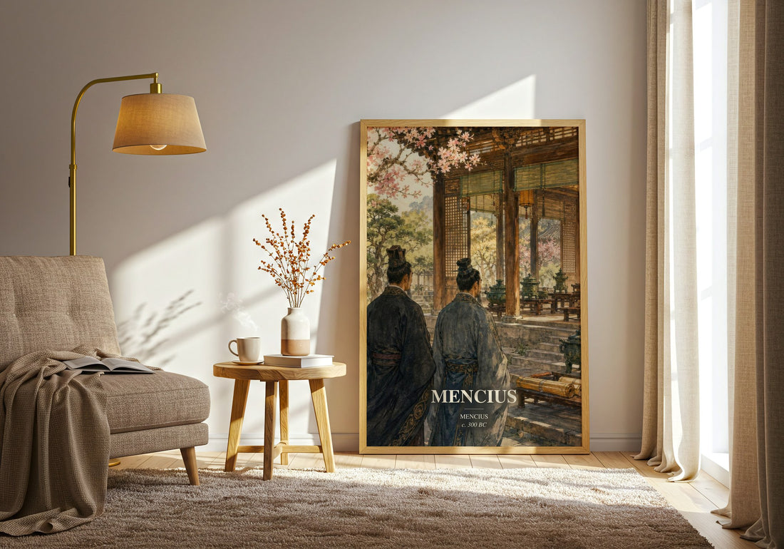 Mencius watercolour print in frame leaning in hallway – philosophy wall art