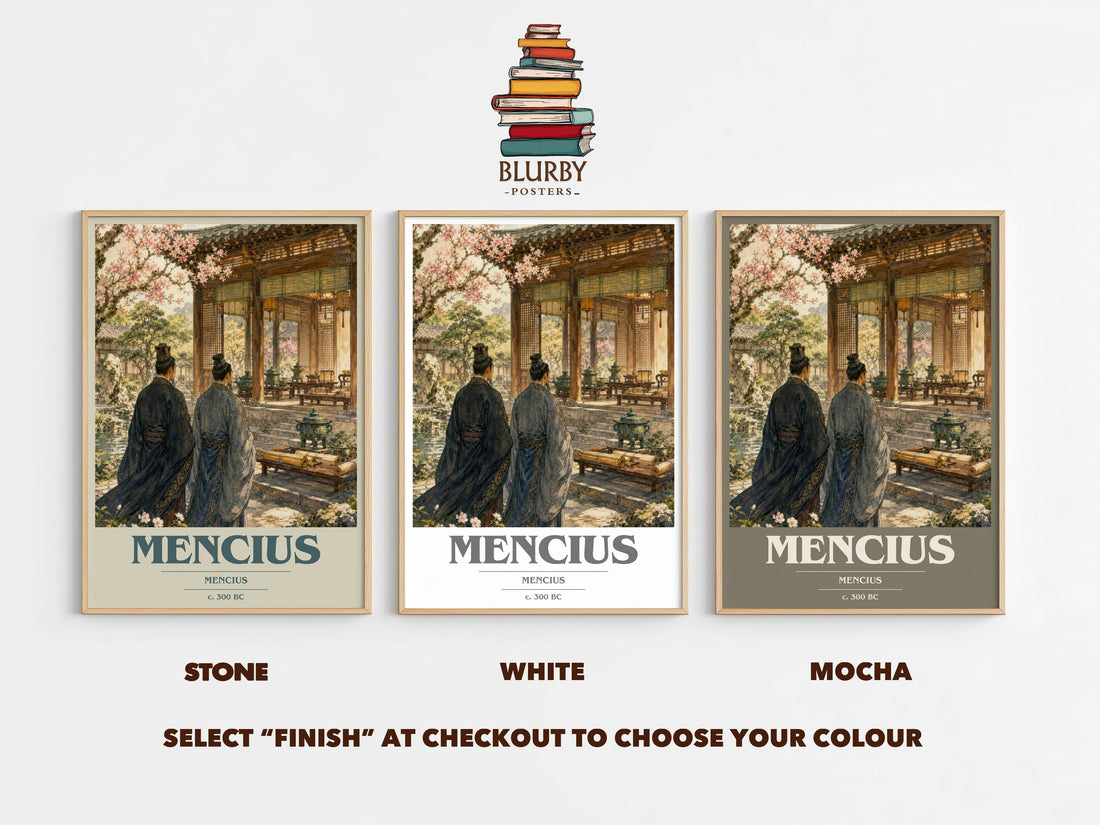 Mencius book cover print framed by window – Stone, White and Mocha side by side – choose your colour