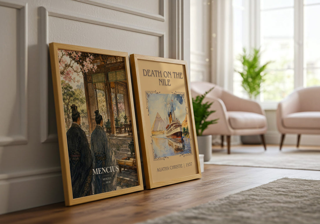 Mencius watercolour print framed by window – literary home decor