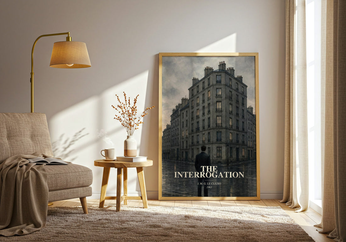 The Interrogation watercolour print in frame leaning in hallway – literary fiction wall art