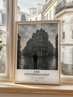 The Interrogation book cover print in frame leaning in hallway – literary fiction wall art