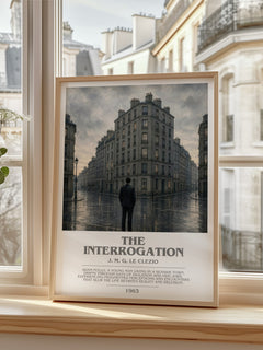 The Interrogation bookish print in frame leaning in hallway – literary fiction wall art