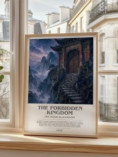 The Forbidden Kingdom bookish print in frame leaning in hallway – literary fiction wall art