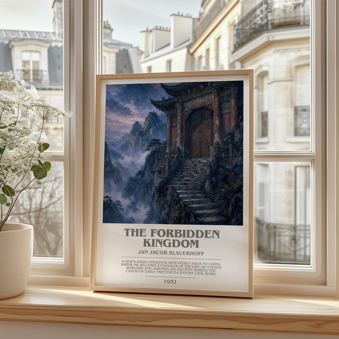 The Forbidden Kingdom bookish print in frame leaning in hallway – literary fiction wall art