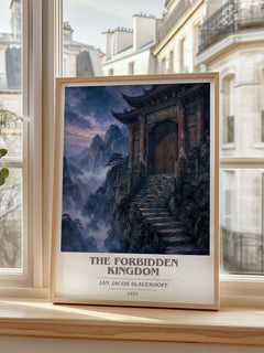The Forbidden Kingdom book cover print in frame leaning in hallway – literary fiction wall art