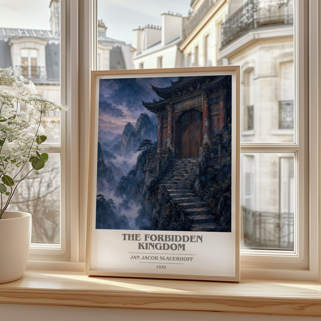 The Forbidden Kingdom book cover print in frame leaning in hallway – literary fiction wall art
