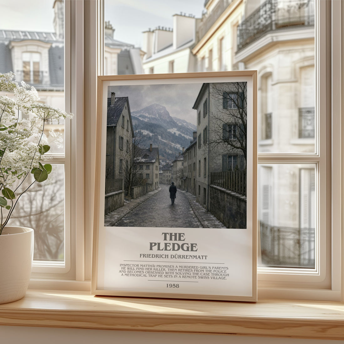 The Pledge bookish print in frame leaning in hallway – crime wall art