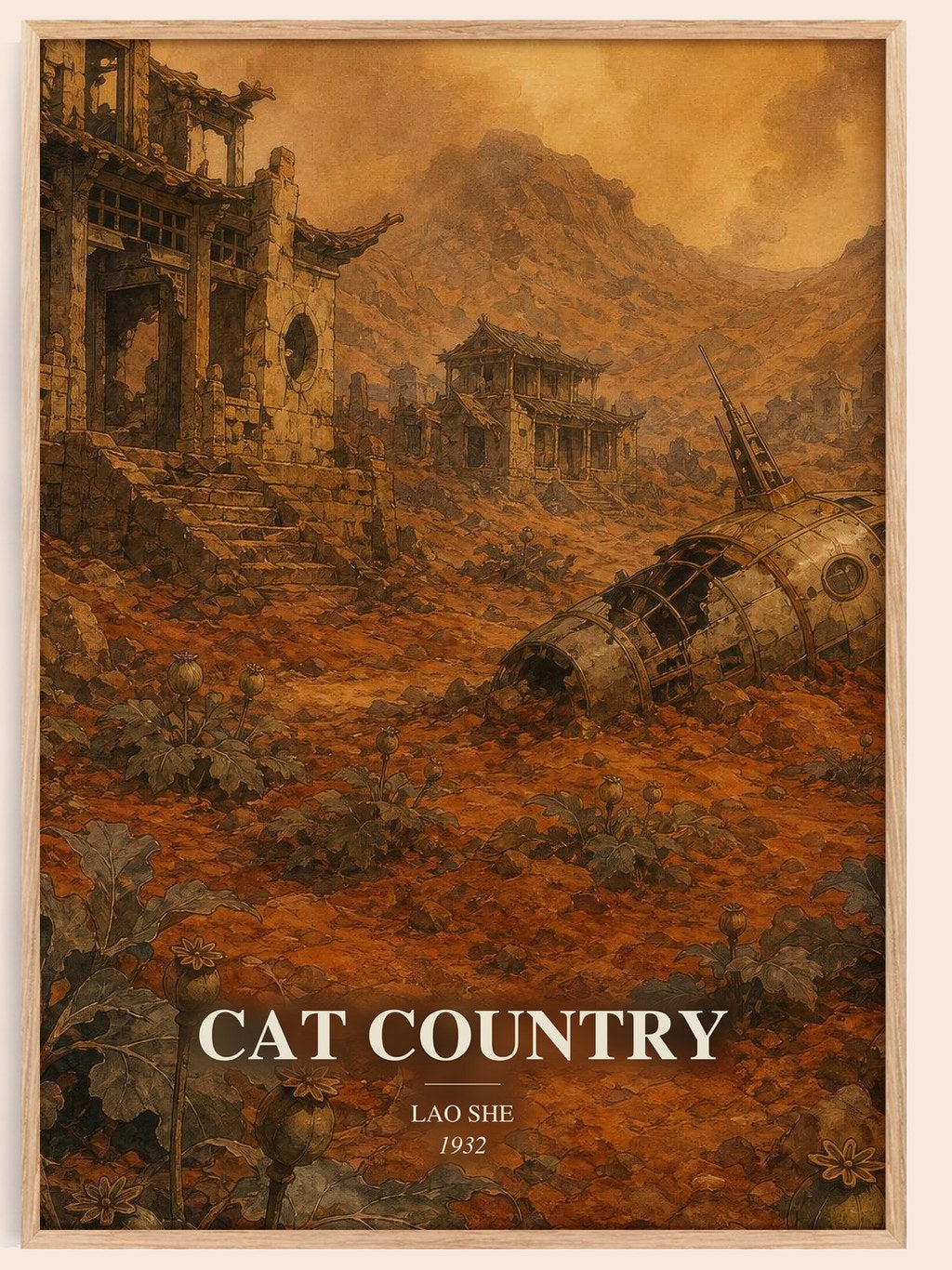 Cat Country watercolour book poster by Lao She – framed literary art print