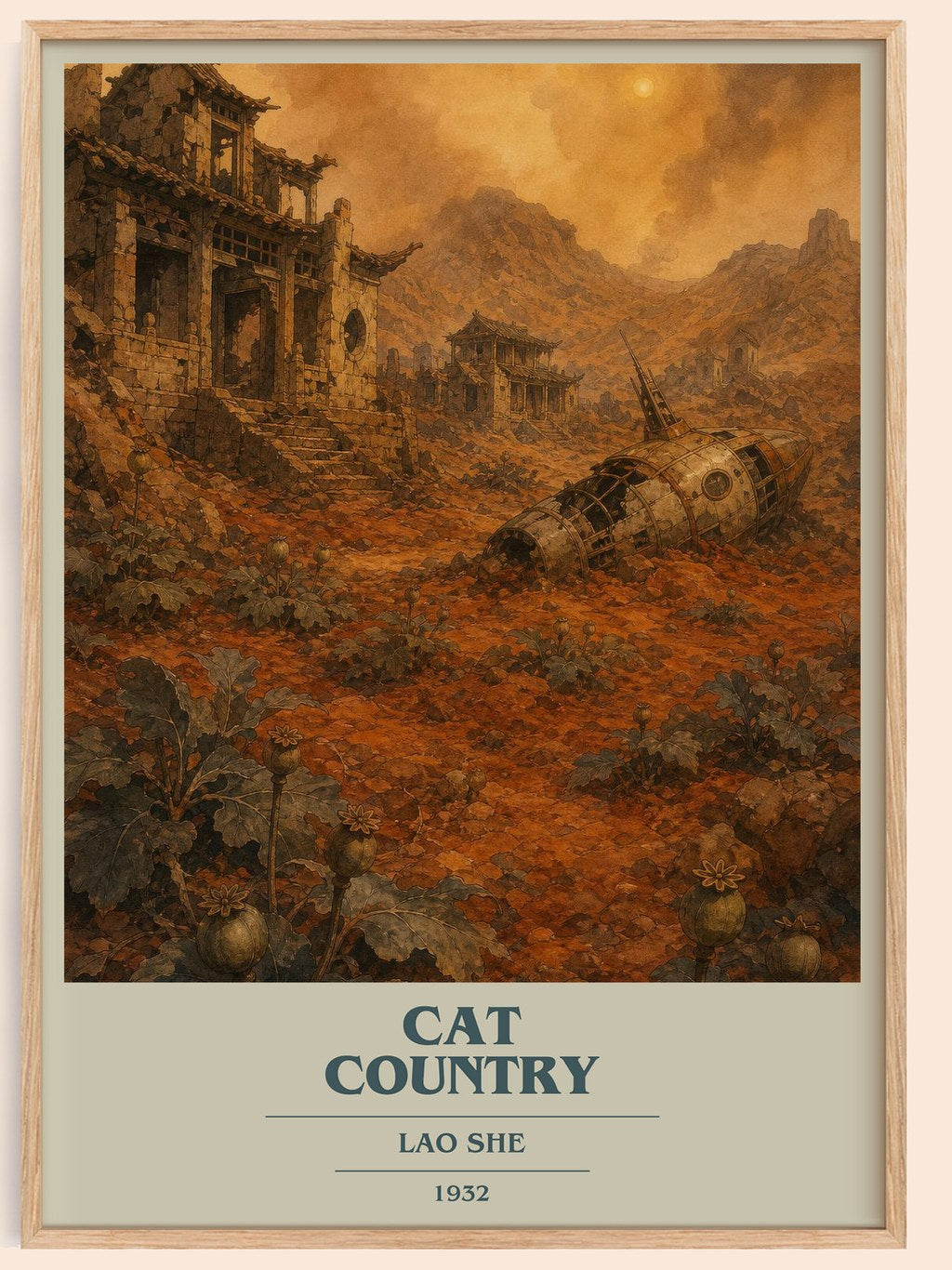 Cat Country book cover book poster by Lao She – framed literary art print