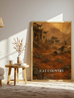 Cat Country watercolour print in frame leaning in hallway – satire wall art