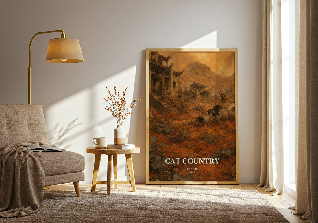 Cat Country watercolour print in frame leaning in hallway – satire wall art
