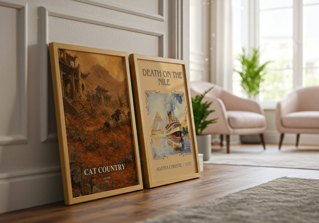 Cat Country watercolour print framed by window – literary home decor