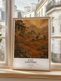 Cat Country book cover print in frame leaning in hallway – satire wall art