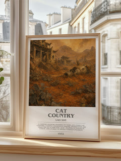 Cat Country bookish print in frame leaning in hallway – satire wall art