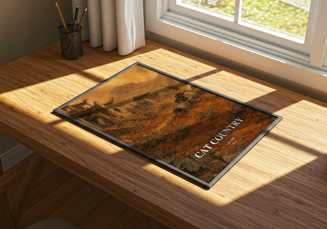 Cat Country watercolour book poster framed on wall – satire wall art