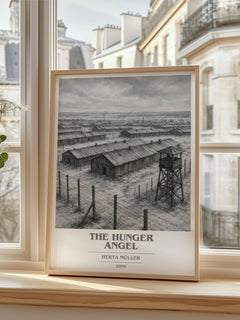The Hunger Angel book cover print in frame leaning in hallway – literary fiction wall art