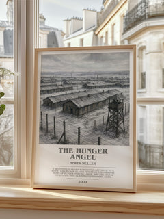 The Hunger Angel bookish print in frame leaning in hallway – literary fiction wall art