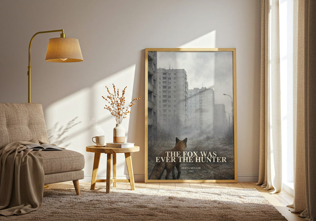 The Fox Was Ever The Hunter watercolour print in frame leaning in hallway – literary fiction wall art