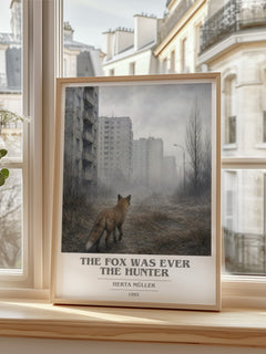 The Fox Was Ever The Hunter book cover print in frame leaning in hallway – literary fiction wall art