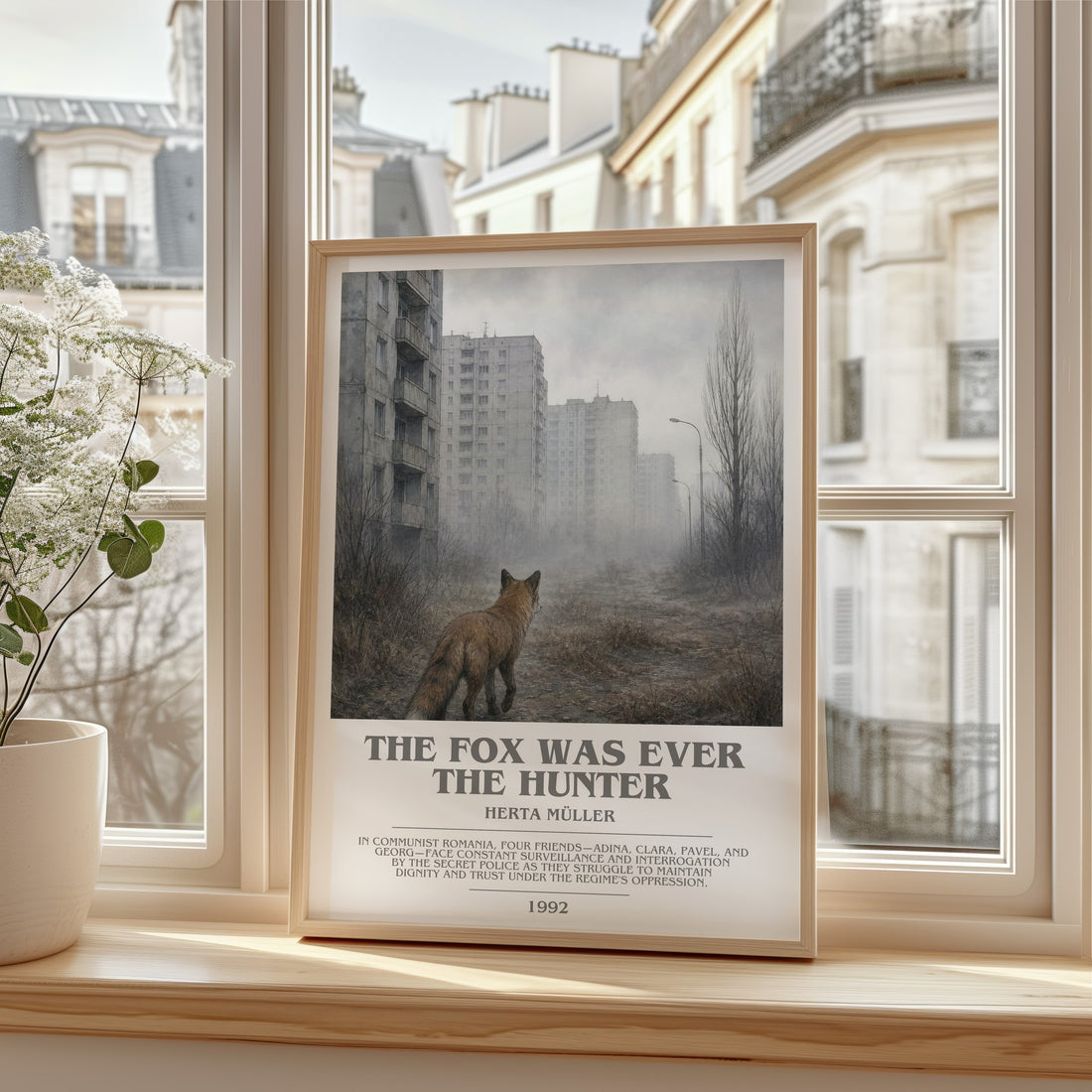 The Fox Was Ever The Hunter bookish print in frame leaning in hallway – literary fiction wall art