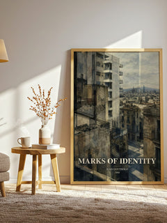Marks of Identity watercolour print in frame leaning in hallway – literary fiction wall art