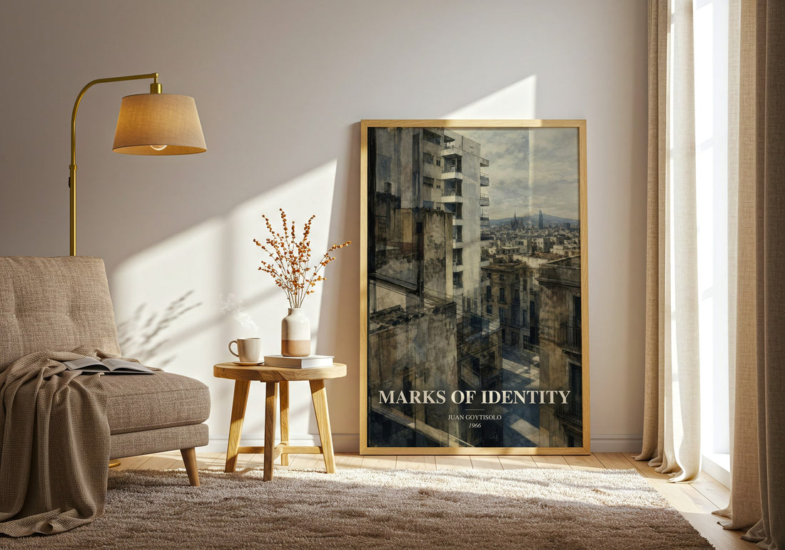 Marks of Identity watercolour print in frame leaning in hallway – literary fiction wall art
