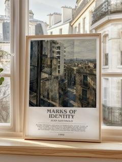 Marks of Identity bookish print in frame leaning in hallway – literary fiction wall art