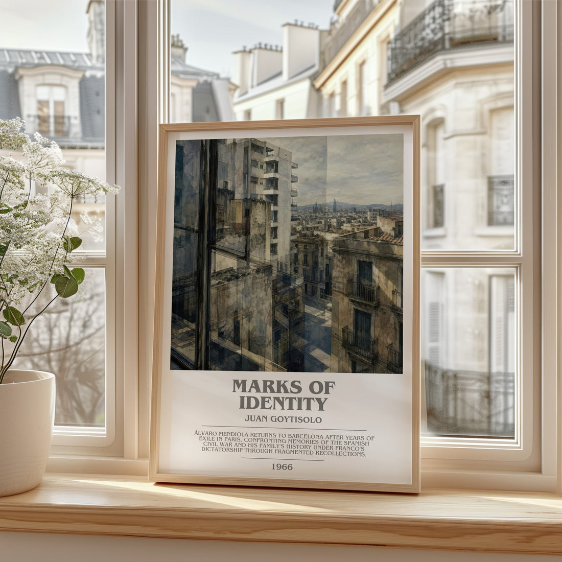 Marks of Identity bookish print in frame leaning in hallway – literary fiction wall art
