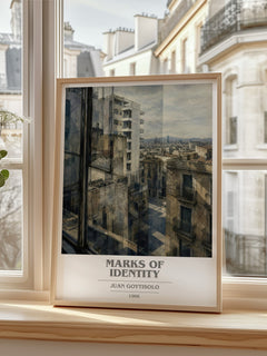 Marks of Identity book cover print in frame leaning in hallway – literary fiction wall art
