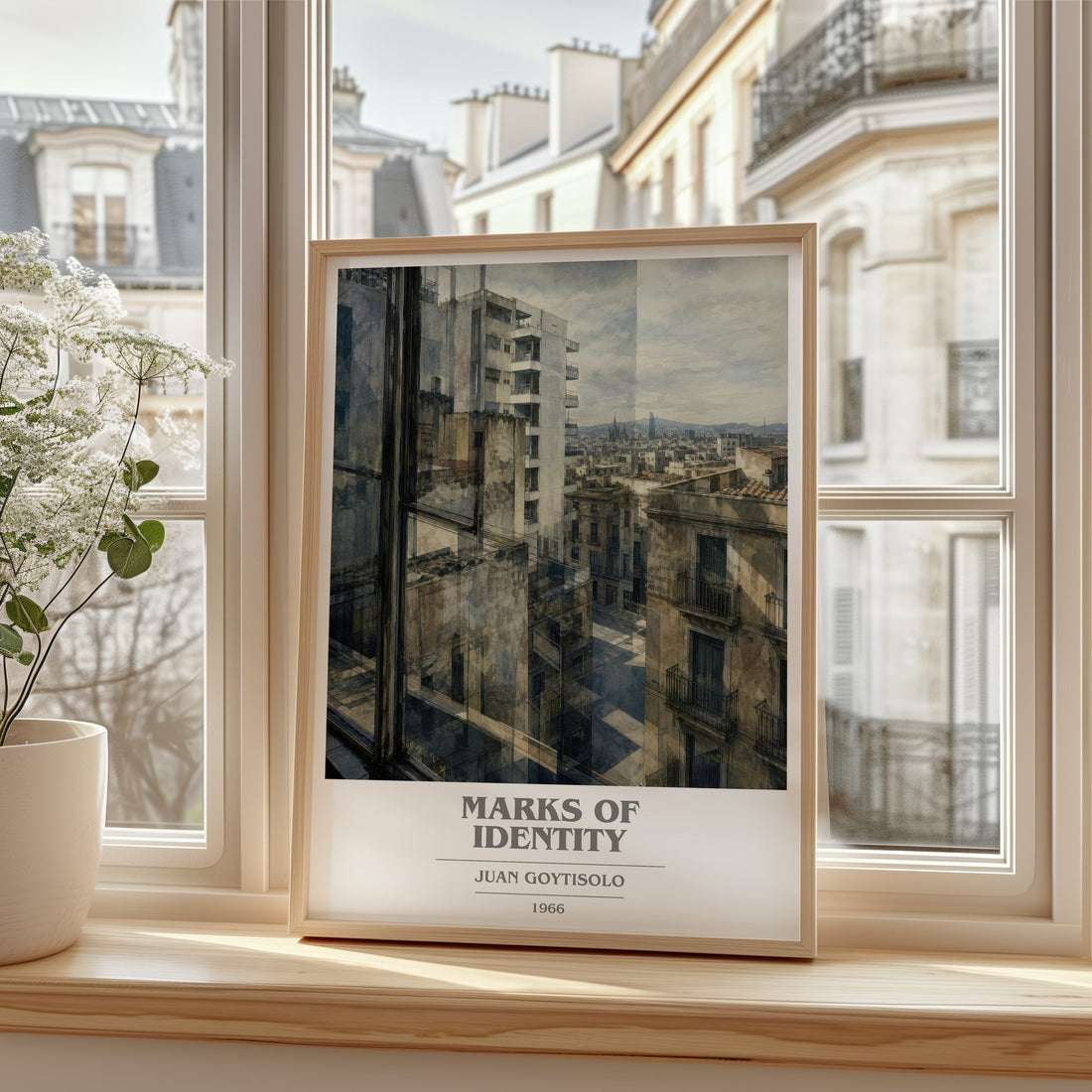 Marks of Identity book cover print in frame leaning in hallway – literary fiction wall art