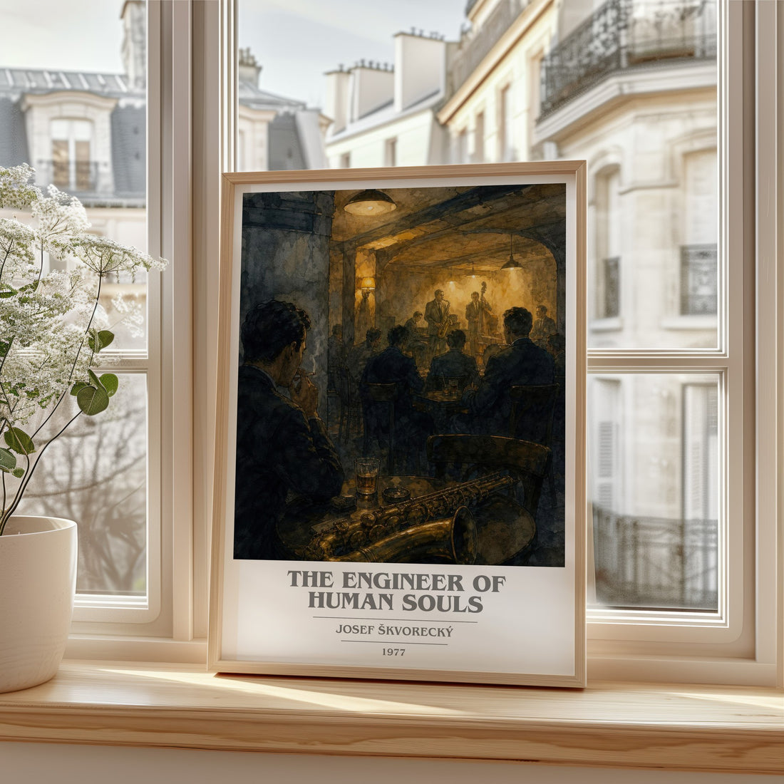 The Engineer of Human Souls book cover print in frame leaning in hallway – literary fiction wall art