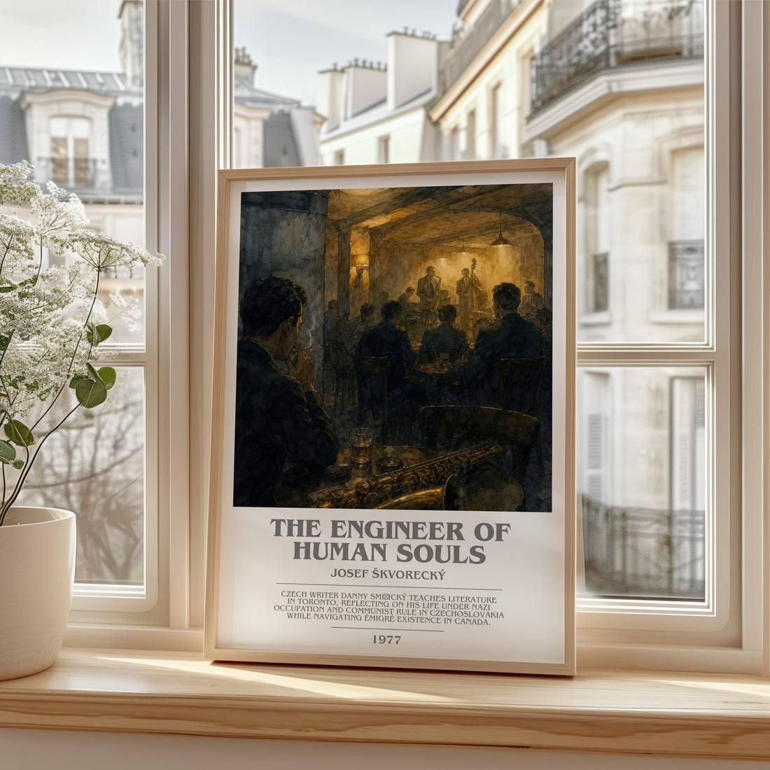 The Engineer of Human Souls bookish print in frame leaning in hallway – literary fiction wall art
