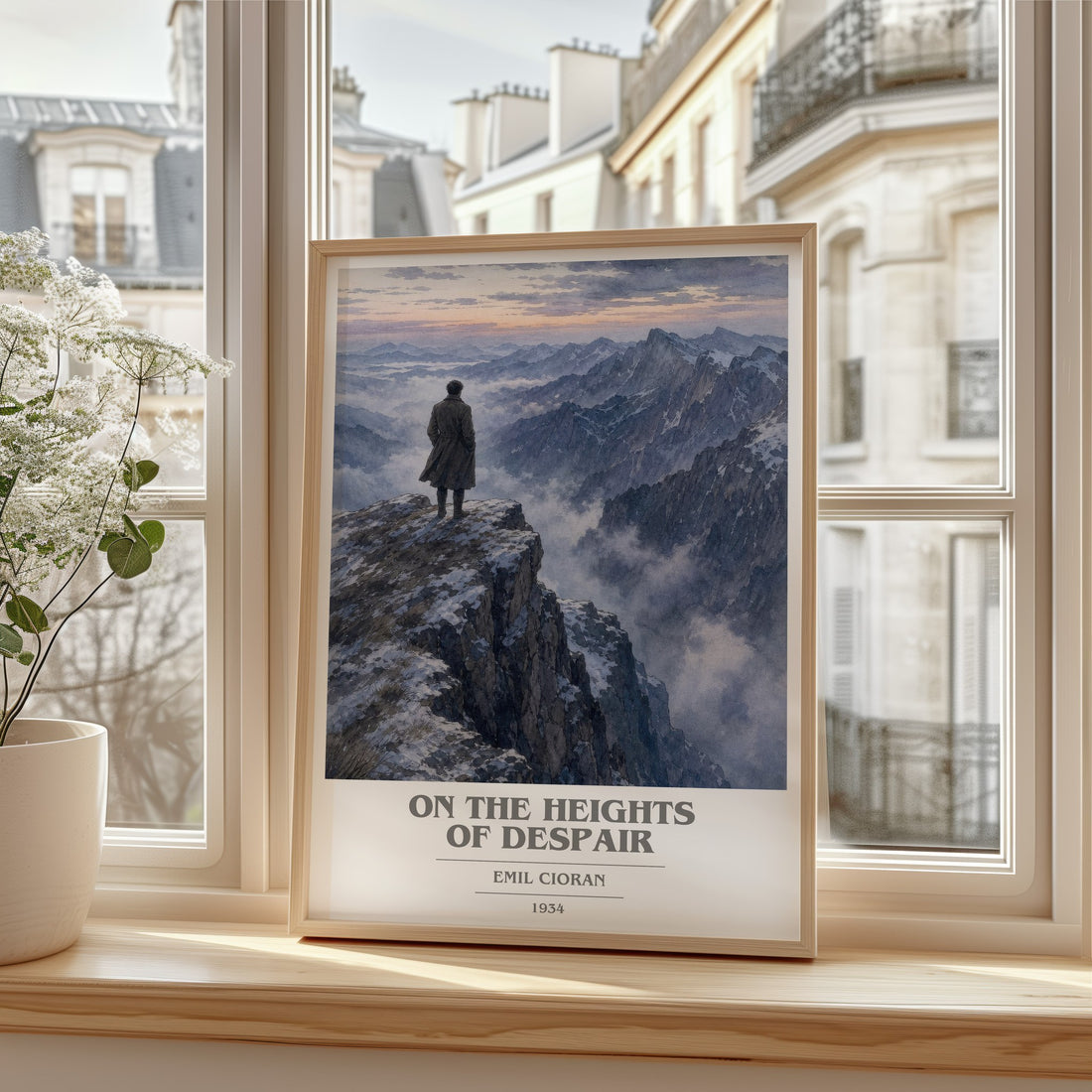 On the Heights of Despair book cover print in frame leaning in hallway – philosophy wall art