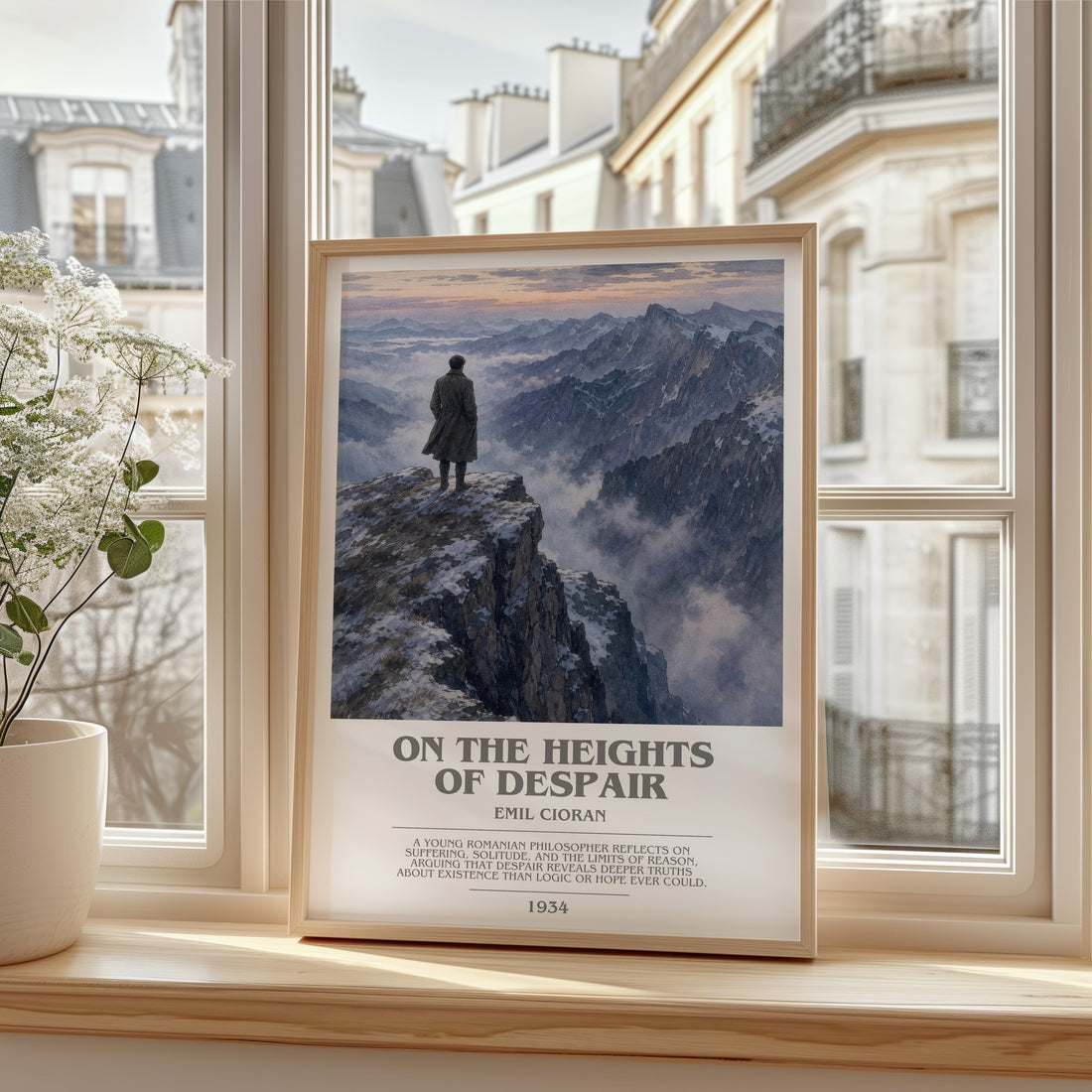 On the Heights of Despair bookish print in frame leaning in hallway – philosophy wall art