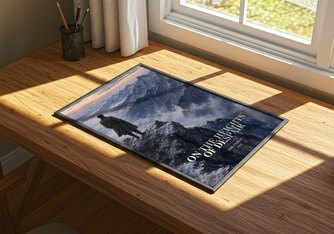 On the Heights of Despair watercolour book poster framed on wall – philosophy wall art