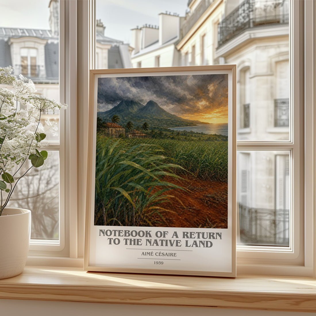 Notebook Of A Return To The Native Land book cover print in frame leaning in hallway – poetry wall art