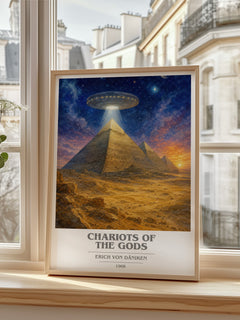 Chariots Of The Gods book cover print in frame leaning in hallway – non fiction wall art