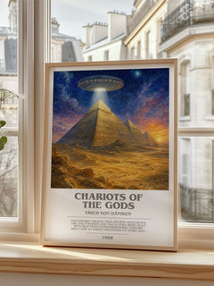 Chariots Of The Gods bookish print in frame leaning in hallway – non fiction wall art