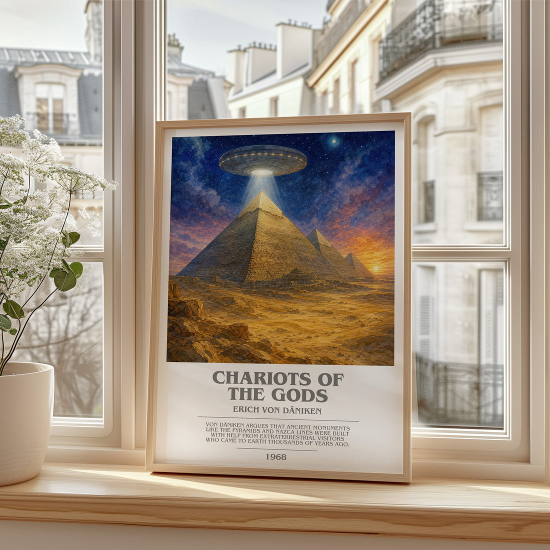 Chariots Of The Gods bookish print in frame leaning in hallway – non fiction wall art