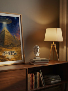 Chariots Of The Gods watercolour print on bookshelf – Erich Von Däniken fan gift